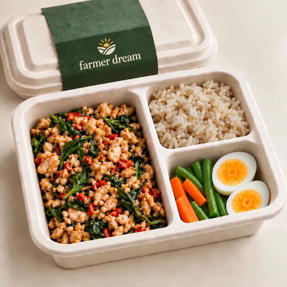 กะเพราไก่ ไข่ต้ม ข้าวกล้อง